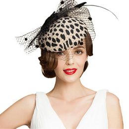 Fascinators Black Leopard Pillbox Hat With Veil 100% Australian Wool Felt Wedding Hats Women Vintage Bowknot Cocktail Fedora304S