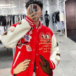 Men's Jackets Street Mens Leather Sleeve Bomber Jackets Full Pattern Embroidery Loose Fall Winter Red Baseball Coat Streetwear Ropa De Hombre J230821