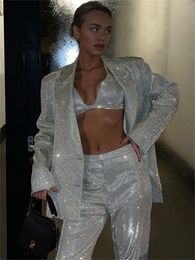 Women's Two Piece Pants TARUXY Sliver Sparkly OVersized Blazer Sets For Women Suit Ladies Casual Glitter Coat And Pants Sets Blazer Femme Mujer Party 230822