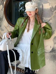Women's Leather 2023 PU Blazers Fall Arrival Green Leisure Retro Jacket For Women With Handsome High-end Sense Party Or Commuting