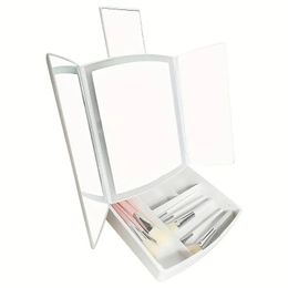 Tri-Fold Lighted Makeup Mirror With 4 Compartments Storage Tray - Led Folding Makeup Mirror USB Model Vanity Mirror - Perfect For Travel And Storage