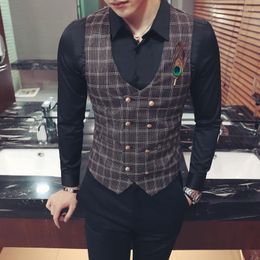 Men's Vests Suit Vest For Men Fashion Business Lattice Waiter Work Uniform Slim Waistcoat Male Black Wedding Dress Nightclub Clothes