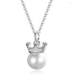 Pendant Necklaces Simple Crystal Crown White Imitation Pearl Necklace Silver Color Clavicle Valentine's Day Women's Jewelry Gifts