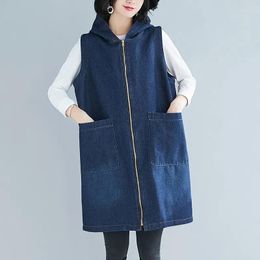 Women's Vests Oversized Denim Hooded Waistcoat Jacket Women Spring Autumn Casual Loose Sleeveless Coats Female Long Zipper Vest Outwear