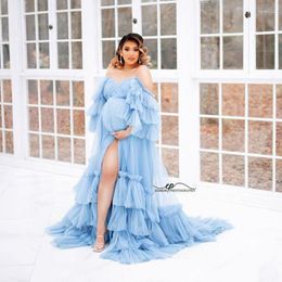 Casual Dresses Sky Blue Tiered Mesh A-line Pregancy Off The Shoulder Split Ruffles Tulle Maternity Gowns To Pography Vestidos