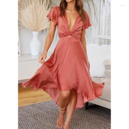 Casual Dresses H9ED Womens Summer Satin Asymmetrical Hem Swing Midi Long Dress Ruffle Short Sleeve V-Neck Belted High Waist A-Line