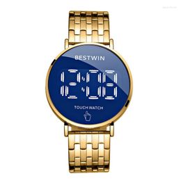Wristwatches Men Watch Waterproof LED Touch Screen Digital Round Metal Dial High Strength Glass Gold Stainless Steel Strap Watches