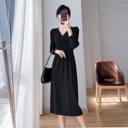 Casual Dresses Spring Autumn Sweater Knitted Women V Neck Long Sleeve Solid Red Black Midi Dress Korean Style Elegant Vintage