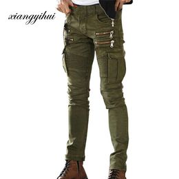 Army Green Black Mens Denim Biker Cargo Jeans Brand Men Stretch Skinny Moto Pencil pants Runway Distressed Motorcycle Jeans204K