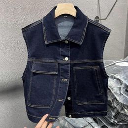 Women's Vests Fashion Women Denim Vest Navy Blue Turn Down Collar Sleeveless Jacket Spring Autumn Office Lady Single Breasted Waistcoat