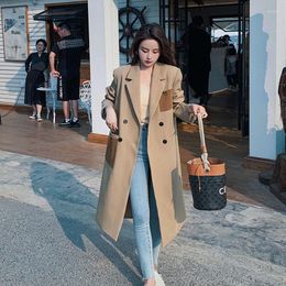 Women's Trench Coats Spring Autumn Mid-length Contrasting Coat Black Khaki Casual Lapel Double-breasted Long Sleeve Female Outerwear