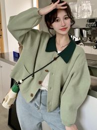 Women's Knits Sweet Knitted Cardigan Women Autumn Long Sleeve Turn Down Collar Sweater Female Korean Fashion Preppy Style Cropped Sweaters