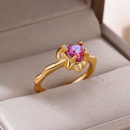 Band Rings Pink Zircon Heart Stainless Steel Ring For Women Gold Plated Openning Couple Rings Wedding Items With R230822