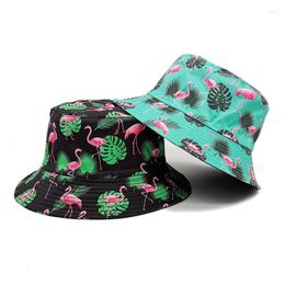 Berets 2023 Panama Bucket Hats Animal Flamingo Print Fisherman Hat Summer Sun For Women Men Reversible Fishing Cap