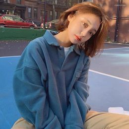 Women's Hoodies Fleece Polo Collar Thick Women Spring Winter Warm Korea Sweatshirt Casual Harajuku Oversized Long Sleeve Top Vintage