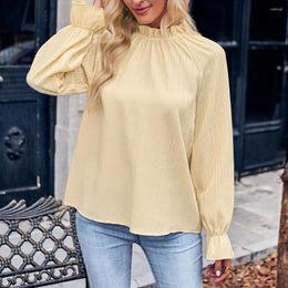 Women's Blouses Women Loose Fit Top Solid Color Tops Chic Streetwear Pleated Lady Blouse With Ruffle Cuffs Long Sleeve Female Shirt
