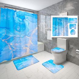 Shower Curtains Blue Marble Curtain Watercolour Abstract Sky Gold Marbling Bath Set With Non-Slip Rug Toilet Cover Mat