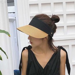 Summer Wear Woven Straw Hats Women Breathable Empty Top Casual Beach Visor Caps Wide Large Brim Hat Adjustable Foldable Sun Caps L230821