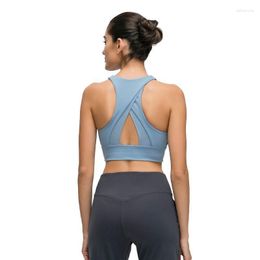 Yoga Outfit Solid Color Fitness Women Sports Bra Tights Vest Top Shockproof High Neck Triangle Cutout Chest Pad Comprehensive Training