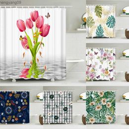 Shower Curtains Flower Butterfly Tulip Bath Curtain Waterproof Fabric Shower Curtains Floral leaf Bathtub Screen for Bathroom Home Decor R230829