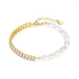 Link Bracelets Trendy Stainless Steel Geometry Tennis For Women Cubic Zirconia Crystal Pearl Bead Chain Fine Jewellery