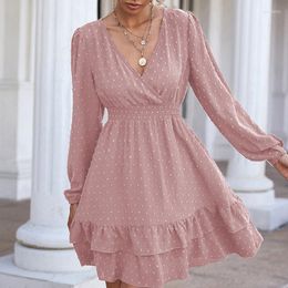 Casual Dresses Fashion For Women Lantern Sleeve High Waist A-line Dress Summer Pink V-neck Ladies Solid Ruffles Robe 24888