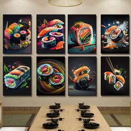 Japan Salmon Sushi Poster Prints For Kitchen Home Decor Cute Japanese Food Canvas Painting Wall Art Aesthetic Japanese Restaurant Decor No Frame Wo6