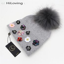 New Design Winter Womens Wool Hat With Big Real Fur Pom Pom Knit Beanie Hats Soft Floral Pattern Skullies Caps For Women Ladies256k