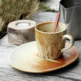 Mugs Japanese Style Ceramic Retro Coffee Cup And Saucer 280ml Threaded Mug Home Afternoon Tea Large Capacity Handmade