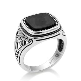 925 Sterling Silver Men Ring with Suqare Natural Black Stone Carved Design Thai Silver Ring for Women Men Turkish Jewelry292m