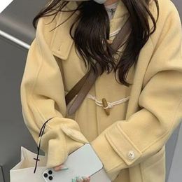 Womens Wool Blends Autumn Winter Woollen Coat Female Horn Buckle Loose Hooded Long Season Small Gentle Commuting Thick Trench 230822