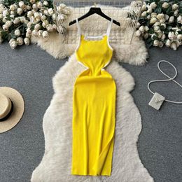 Casual Dresses Summer Sexy Contrast Colour Strap Knit Dress With Open Back Waist Slim Fit Wrap Hip Skirt