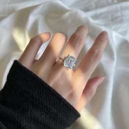 Cluster Rings S925 Silver Gold Plated Square High Carbon Diamond Women's Ring Emerald Cut Solitaire Fashion Candy