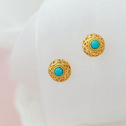 Stud Earrings Authentic 925 Sterling Silver Earstuds Lady Retro Style Charm Natural Turquoise 18K Gold Plated Earring Trendy Jewelry Gift