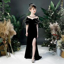 2023 velvet black Flower Girl Dresses For Wedding long mermaid Floral Appliques Girls Pageant Dress A Line Kids Birthday Gowns Princess Children Wed Party Dresses