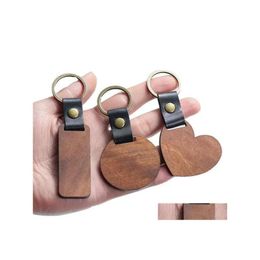 Keychains Lanyards Diy Wooden Keychain Blank Carved Leather Wood Pendant Lage Decorative Heart Round Key Chain Keyring Drop Delive Otm9E