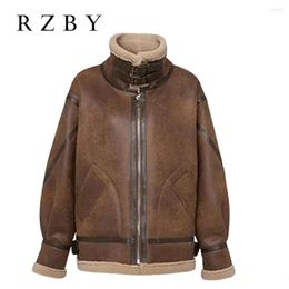 Women's Leather Winter Women Coats Lamb Wool Lapel Sheepskin Outwear Stand Collar Warm Tops Zipper Corderito Mujer RZBY2455