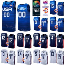 Print United States Basketball 9 Bobby Portis Jerseys US 2023 World Cup 5 Mikal Bridges 10 Anthony Edwards 7 Brandon Ingram 14 Walker Kessler 12 Josh Hart Navy White