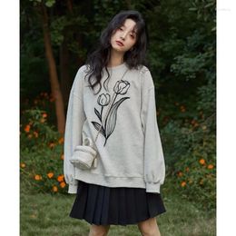 Women's Hoodies Korean Flower Grey Crew Baggy Sweatshirt Women Fleece Thicken Fashion Rose Printing Street Lazy Wind Long Sleeves Pullover