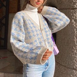 Women's Knits Tee's Cardigans Houndstooth Long Sleeve Button Down Cardigan Crop Top Casual Drop Shoulder Sweater Outerwear Tops 230821