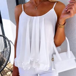 Women's Blouses Elegant Solid O-Neck Blouse Shirts Women Fashion Spaghetti Strap Loose Chiffon Pullover Tops Ladies Summer Sexy Ruffle Blusa