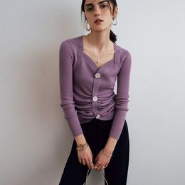 Women's Sweaters Square Neck Spring Full Sleeves Women Knit Purple Colour Buttons Ruched Folds Lady Crop Tops Pullovers