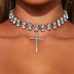 Chains Stonefans Double Cross Necklace Women Tennis Chain Glittering Simple Fashion Pendant Exquisite Choker Jewelry Rhinestone