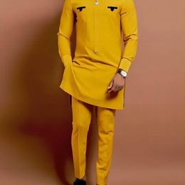 Mens Tracksuits Dashiki Tradition Tshirt Set Four Seasons Round Neck Stripe Yellow Long Sleeve African National Casual Dress M4XL 230826