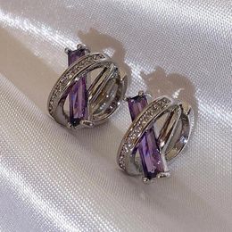 Hoop Earrings Charm Purple Rectangle Stone For Women Silver Gold Color White Zircon Snowflake Earring Small Ear Buckle Jewelry
