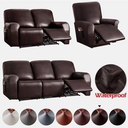 Chair Covers 123 Seat Waterproof Recliner Sofa Cover PU Leather Armchair Solid Color Elastic Relax Single Slipcovers Living Room 230822