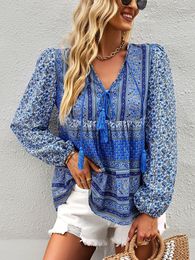 Women's Blouses KHALEE YOSE Boho Floral Printed Blouse Shirt V-neck Autumn Spring Long Sleeve Vintage Chic Women Vocation Casual Ladies