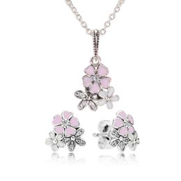 Authentic 925 Sterling Silver Pink Enamel flower Pendant Necklace Earring Set with box for Pandora Jewelry Womens Earrings282g