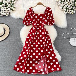 Casual Dresses French Chic Summer Dress For Women Dot Print Square Collar Y2K Female Puff Sleeve A-line Slit Long Vestidos Dropship