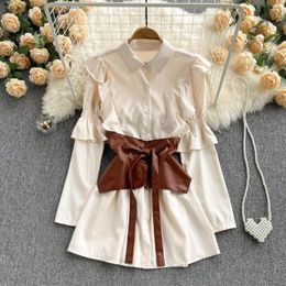 Work Dresses Spring Korean OL Blouse Belt 2 Piece Sets Women Long Sleeve Single-Breasted Ruffles White Shirt Dress PU Girdle Suits